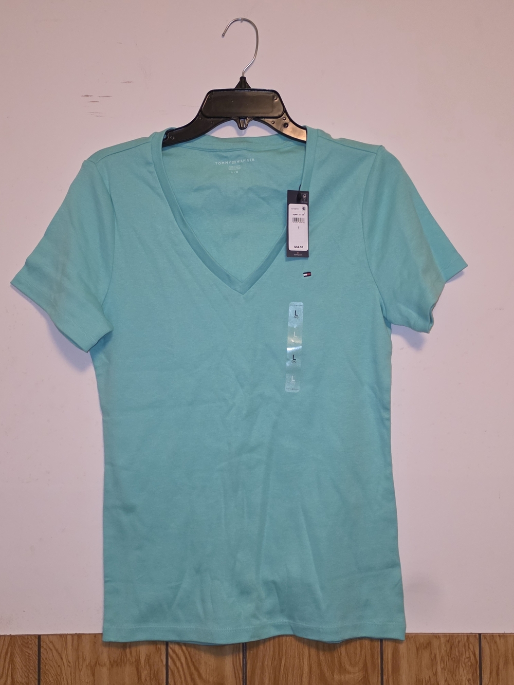 Tommy Hilfiger Women's V-Neck Tee in Aqua Blue